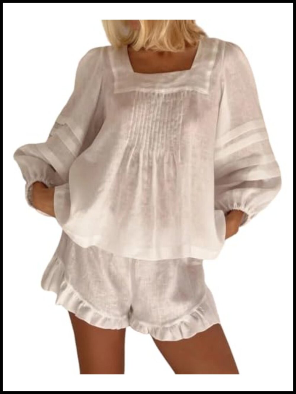 Cotton Ruffle Pajama Set 2 Piece Balloon Sleeve Square Neck Sleepwear